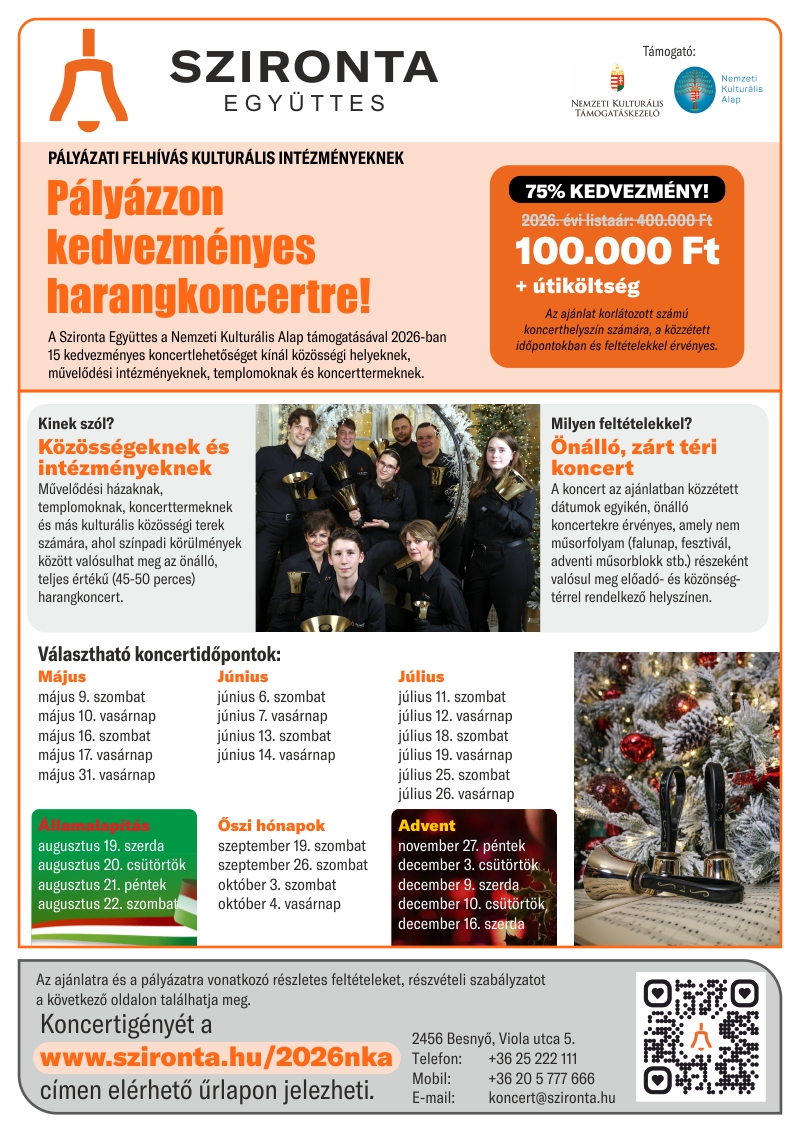 Szironta NKA 2026 kedvezményes harangkoncert pályázat
